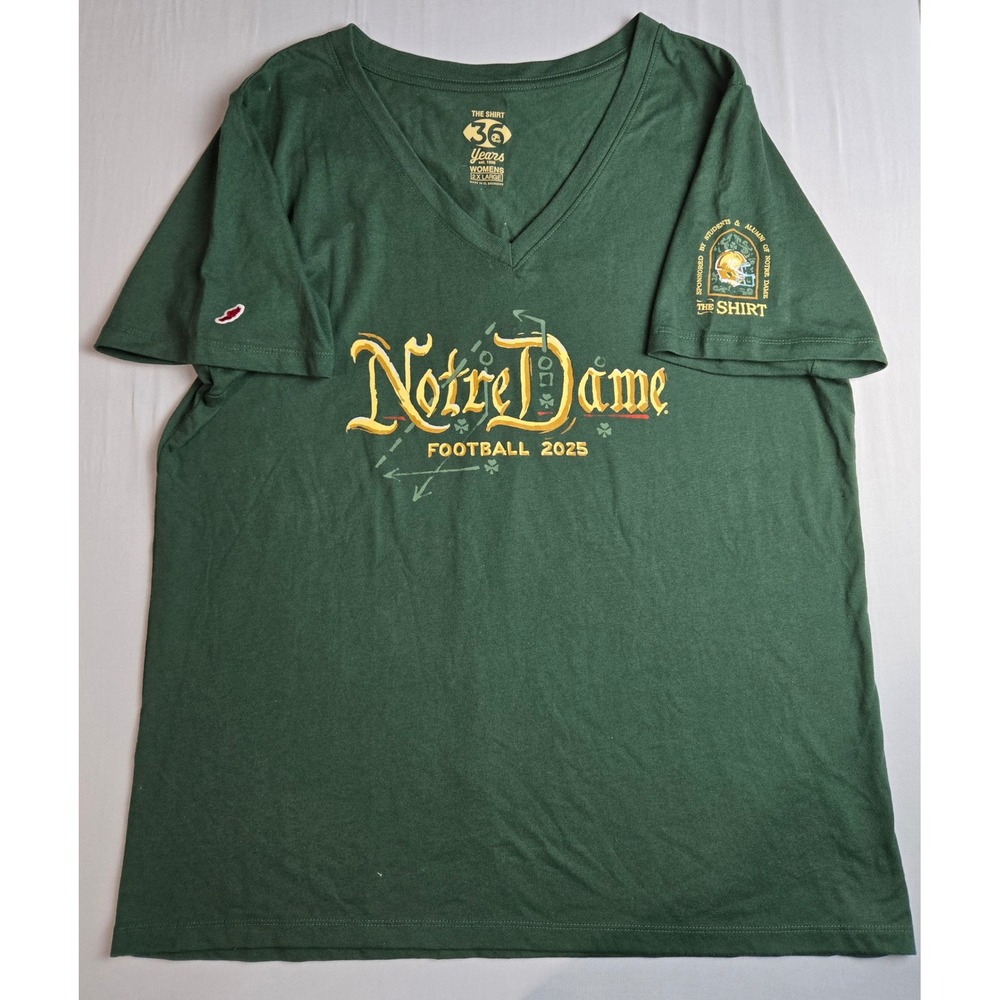 Notre Dame Football 2025 The Shirt 36 Years Womens 2XL Green V-Neck T-Shirt